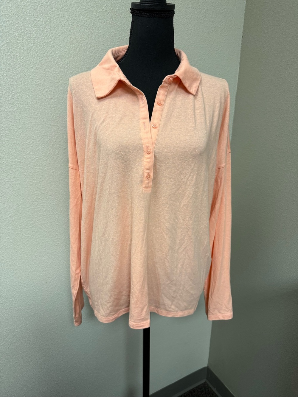 J.Crew Peach Stretch Linen Polo Top Large Relaxed Coastal Preppy Chic - Picture 3 of 10